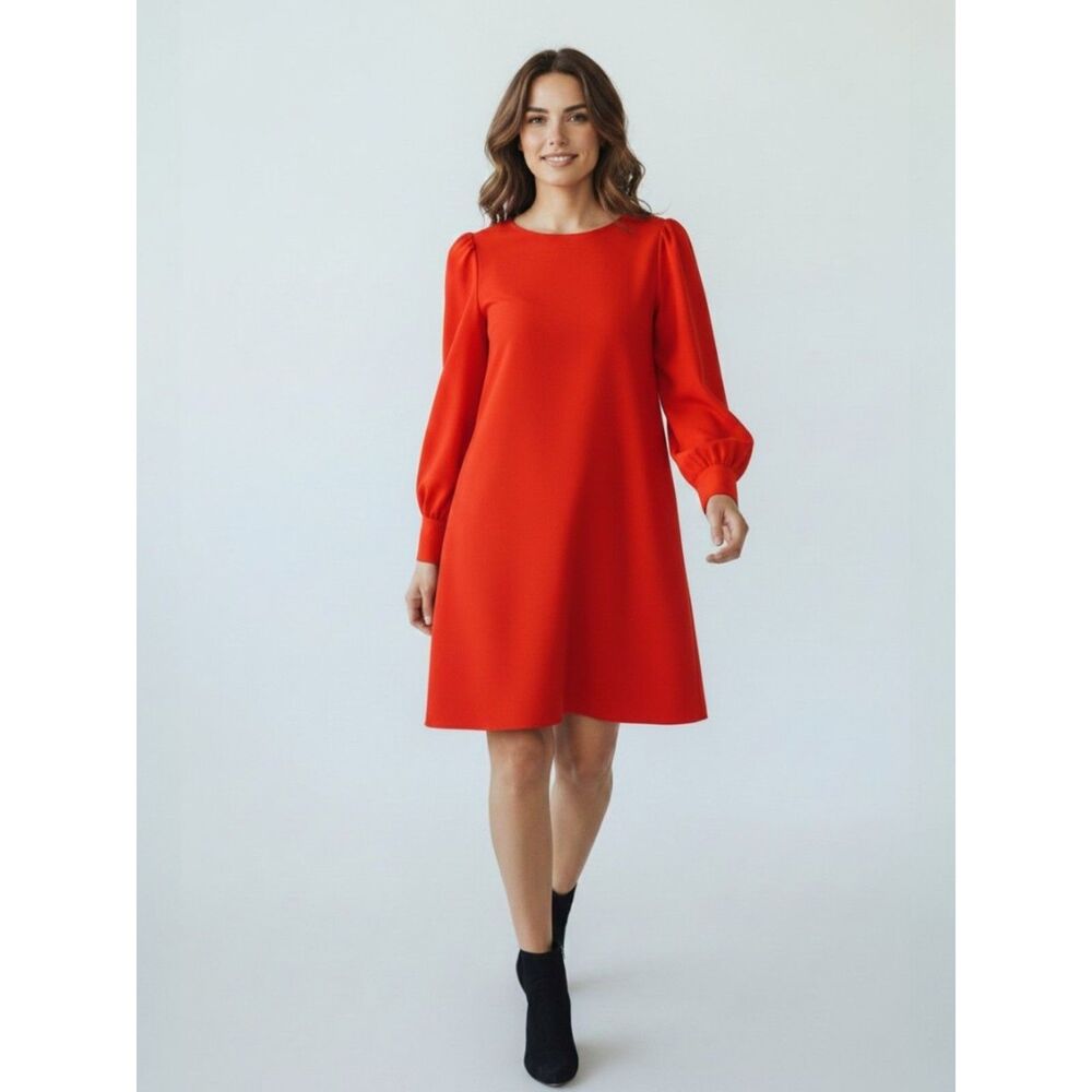 H &M Red Shift Dress Puff Sleeve Classic Chic Satin Look Mini Dress S
